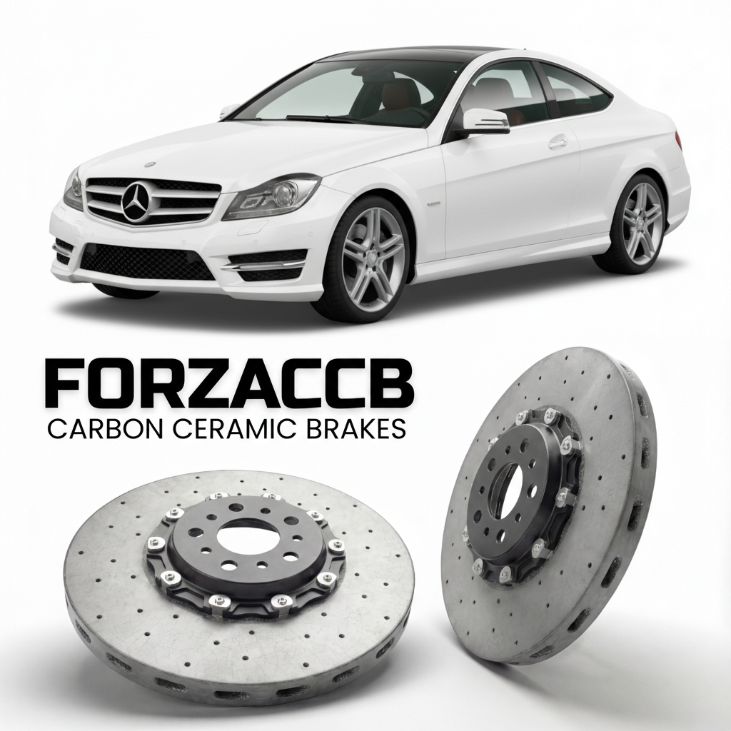 ForzaCCB direct OEM replacement carbon ceramic brake rotors for 2011 to 2015 Mercedes-Benz C 350 Coupé C204 models, shown with a white Mercedes-Benz C 350 Coupé car.