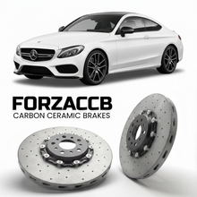 ForzaCCB direct OEM replacement carbon ceramic brake rotors for 2016 to 2023 Mercedes-Benz C 43 AMG Coupé C205 models, shown with a white Mercedes-Benz C 43 AMG Coupé car.