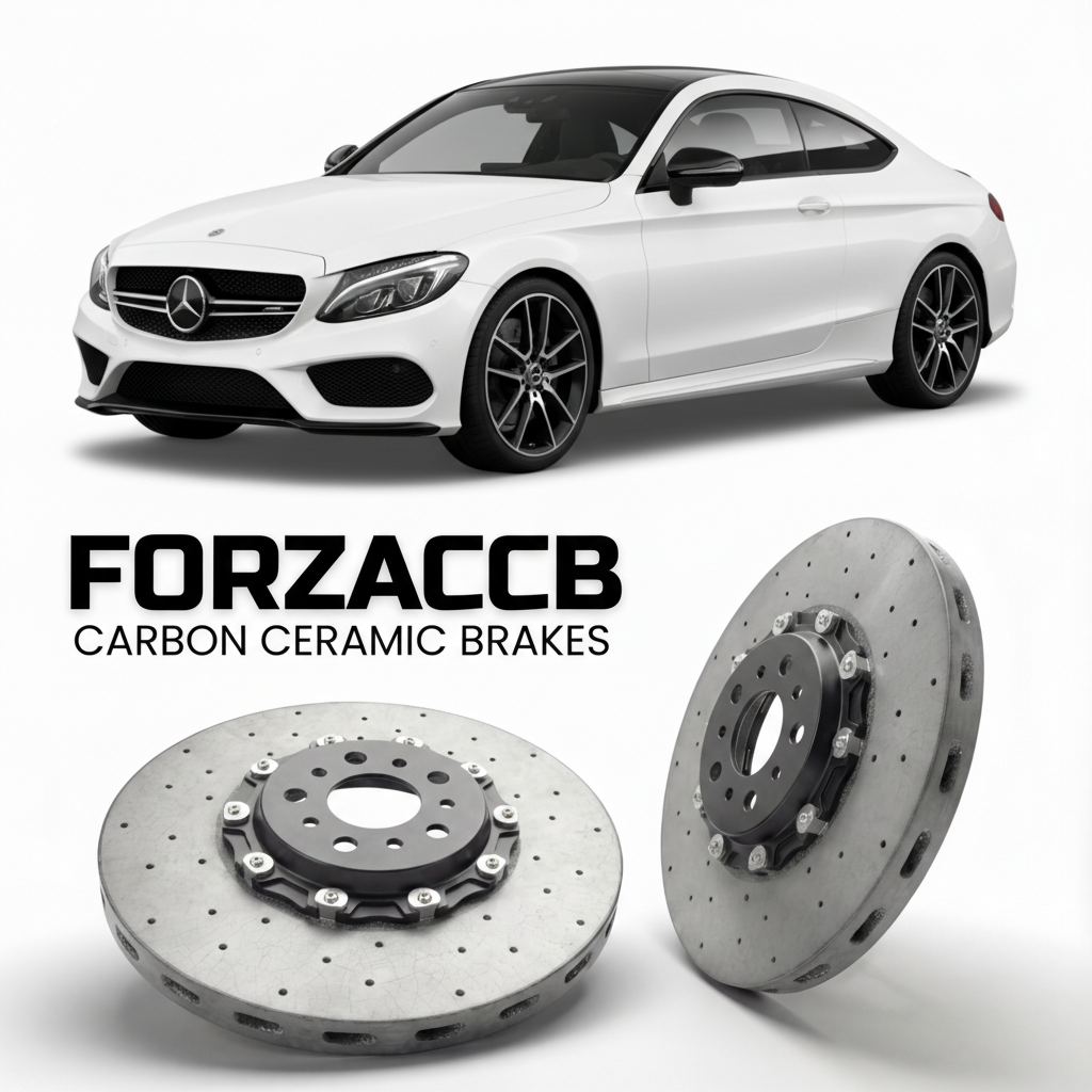 ForzaCCB direct OEM replacement carbon ceramic brake rotors for 2016 to 2023 Mercedes-Benz C 43 AMG Coupé C205 models, shown with a white Mercedes-Benz C 43 AMG Coupé car.