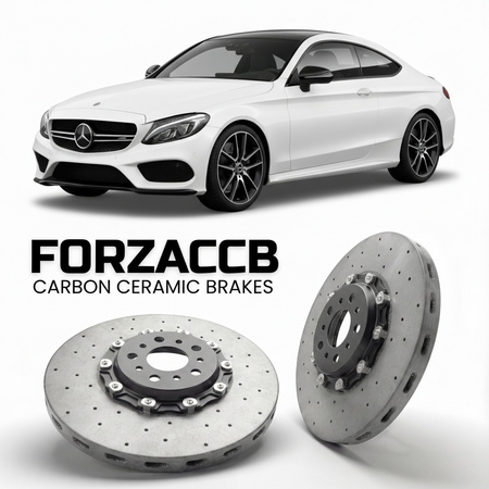 ForzaCCB direct OEM replacement carbon ceramic brake rotors for 2016 to 2023 Mercedes-Benz C 43 AMG Coupé C205 models, shown with a white Mercedes-Benz C 43 AMG Coupé car.