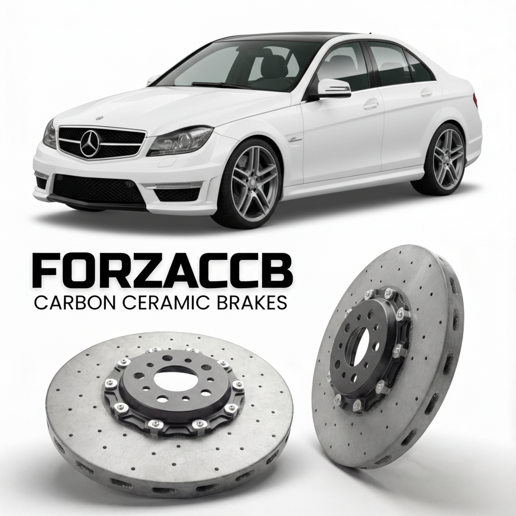 ForzaCCB direct OEM replacement carbon ceramic brake rotors for 2007 to 2011 Mercedes-Benz C 63 AMG W/S204 models, shown with a white Mercedes-Benz C 63 AMG car.