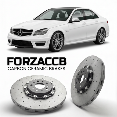 ForzaCCB direct OEM replacement carbon ceramic brake rotors for 2007 to 2011 Mercedes-Benz C 63 AMG W/S204 models, shown with a white Mercedes-Benz C 63 AMG car.