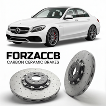 ForzaCCB direct OEM replacement carbon ceramic brake rotors for 2014 to 2018 Mercedes-Benz C 63 AMG W/S205 models, shown with a white Mercedes-Benz C 63 AMG car.