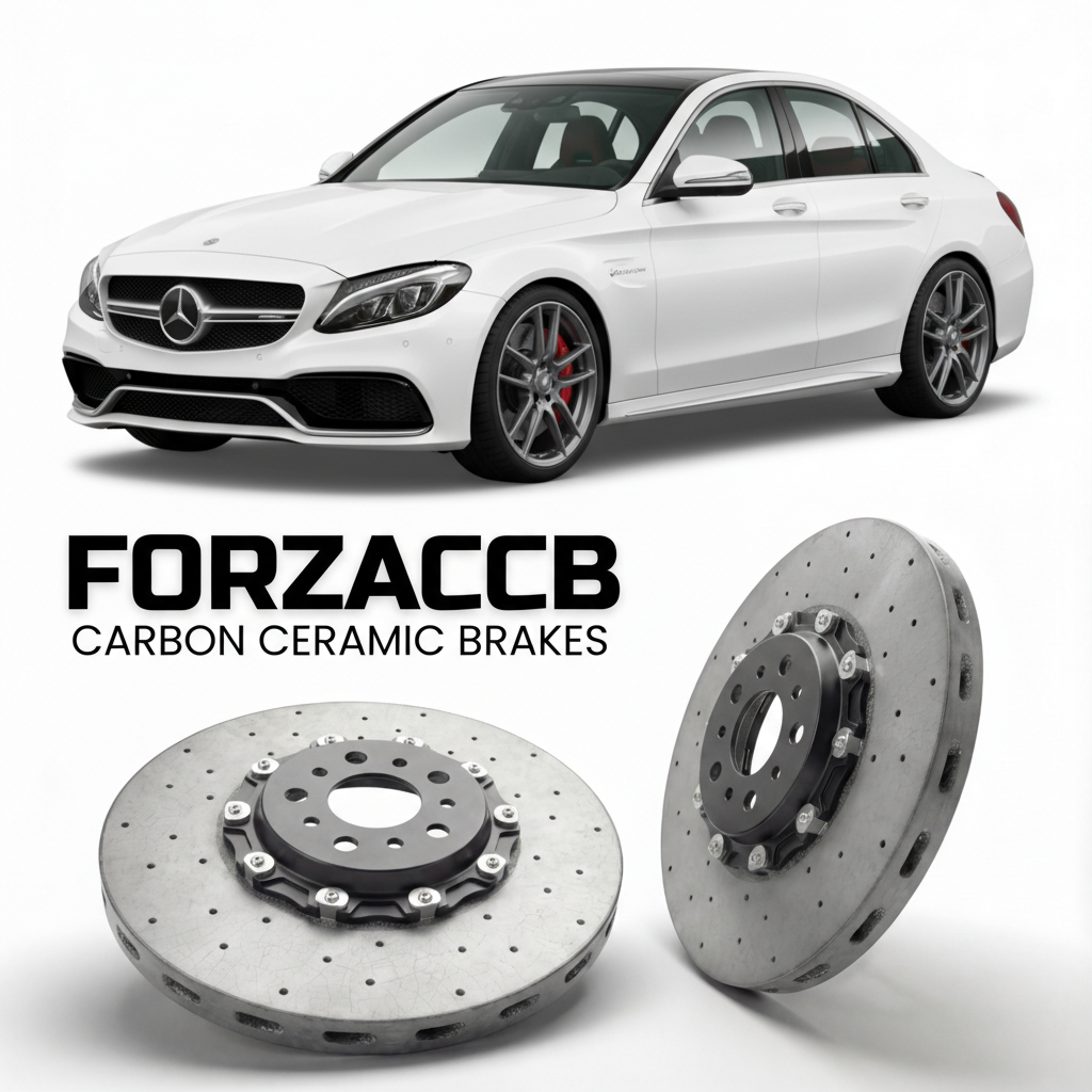 ForzaCCB direct OEM replacement carbon ceramic brake rotors for 2014 to 2018 Mercedes-Benz C 63 AMG W/S205 models, shown with a white Mercedes-Benz C 63 AMG car.