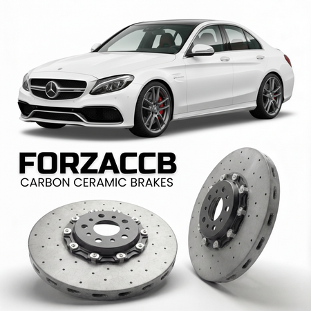 ForzaCCB direct OEM replacement carbon ceramic brake rotors for 2014 to 2018 Mercedes-Benz C 63 AMG W/S205 models, shown with a white Mercedes-Benz C 63 AMG car.
