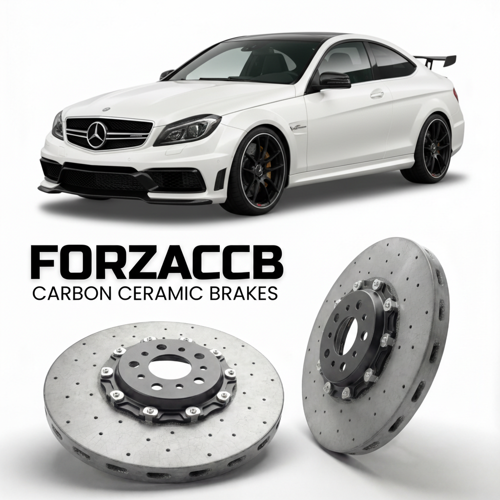 ForzaCCB direct OEM replacement carbon ceramic brake rotors for 2012 to 2013 Mercedes-Benz C 63 AMG Black Series C204 models, shown with a white Mercedes-Benz C 63 AMG Black Series car.