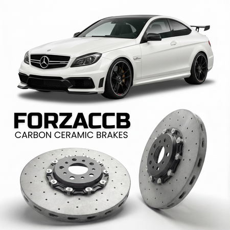 ForzaCCB direct OEM replacement carbon ceramic brake rotors for 2012 to 2013 Mercedes-Benz C 63 AMG Black Series C204 models, shown with a white Mercedes-Benz C 63 AMG Black Series car.