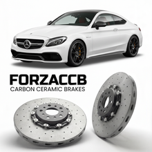 ForzaCCB direct OEM replacement carbon ceramic brake rotors for 2016 to 2023 Mercedes-Benz C 63 AMG Coupé C205 models, shown with a white Mercedes-Benz C 63 AMG Coupé car.