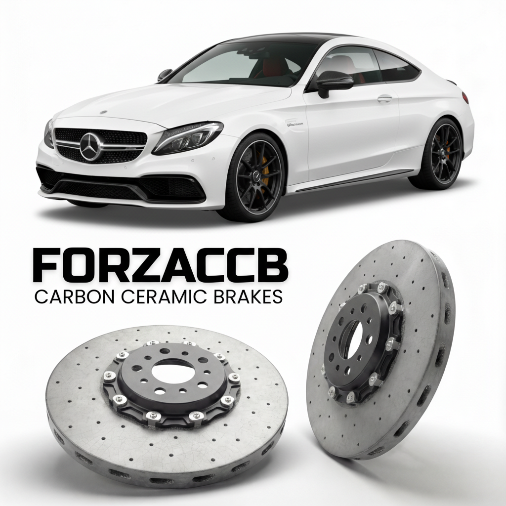 ForzaCCB direct OEM replacement carbon ceramic brake rotors for 2016 to 2023 Mercedes-Benz C 63 AMG Coupé C205 models, shown with a white Mercedes-Benz C 63 AMG Coupé car.