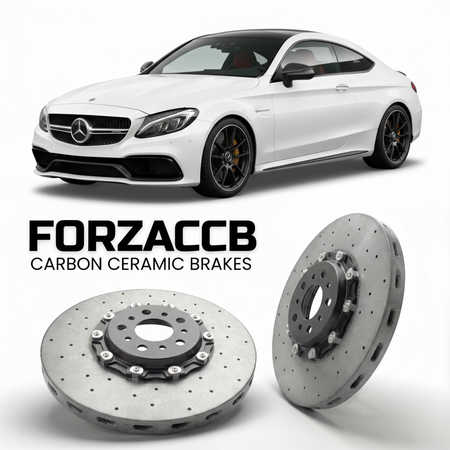 ForzaCCB direct OEM replacement carbon ceramic brake rotors for 2016 to 2023 Mercedes-Benz C 63 AMG Coupé C205 models, shown with a white Mercedes-Benz C 63 AMG Coupé car.