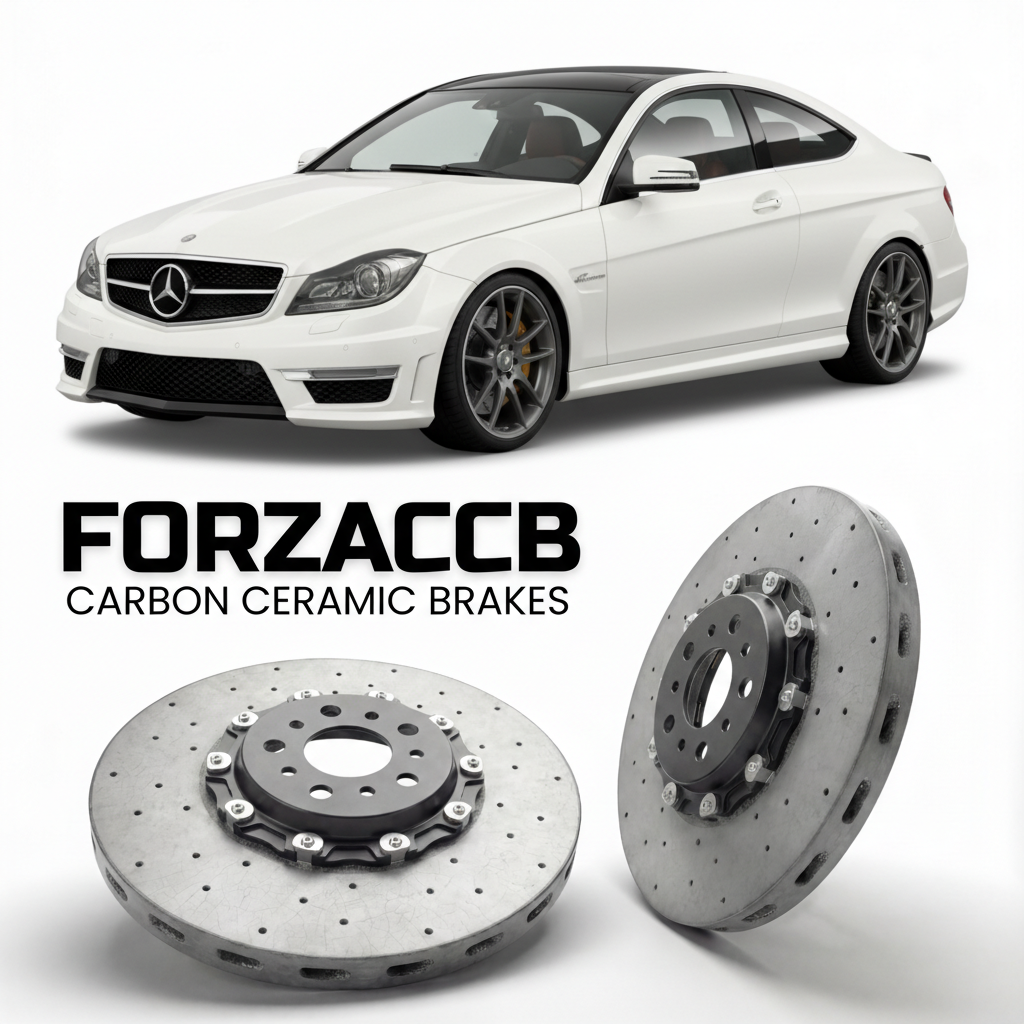 ForzaCCB direct OEM replacement carbon ceramic brake rotors for 2011 to 2015 Mercedes-Benz C 63 AMG Coupé C204 models, shown with a white Mercedes-Benz C 63 AMG Coupé car.