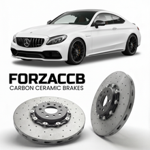 ForzaCCB direct OEM replacement carbon ceramic brake rotors for 2016 to 2023 Mercedes-Benz C 63 S AMG Coupé C205 models, shown with a white Mercedes-Benz C 63 S AMG Coupé car.