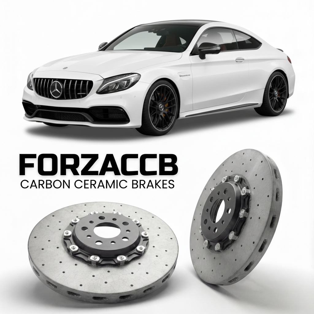 ForzaCCB direct OEM replacement carbon ceramic brake rotors for 2016 to 2023 Mercedes-Benz C 63 S AMG Coupé C205 models, shown with a white Mercedes-Benz C 63 S AMG Coupé car.