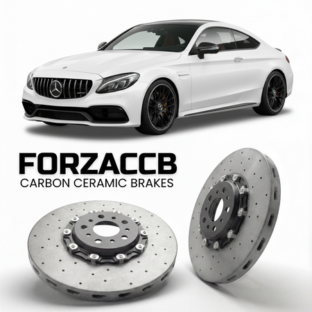 ForzaCCB direct OEM replacement carbon ceramic brake rotors for 2016 to 2023 Mercedes-Benz C 63 S AMG Coupé C205 models, shown with a white Mercedes-Benz C 63 S AMG Coupé car.