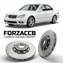 ForzaCCB direct OEM replacement carbon ceramic brake rotors for 2005 to 2007 Mercedes-Benz C-Class W203 models, shown with a white Mercedes-Benz C-Class car.