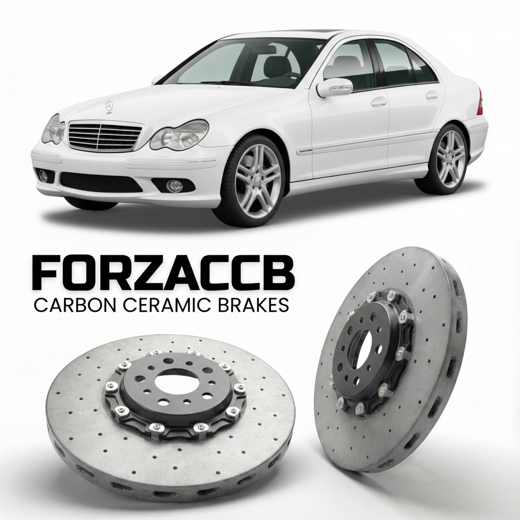 ForzaCCB direct OEM replacement carbon ceramic brake rotors for 2005 to 2007 Mercedes-Benz C-Class W203 models, shown with a white Mercedes-Benz C-Class car.