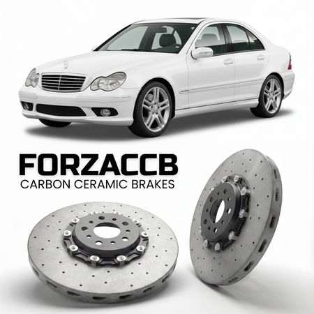 ForzaCCB direct OEM replacement carbon ceramic brake rotors for 2005 to 2007 Mercedes-Benz C-Class W203 models, shown with a white Mercedes-Benz C-Class car.