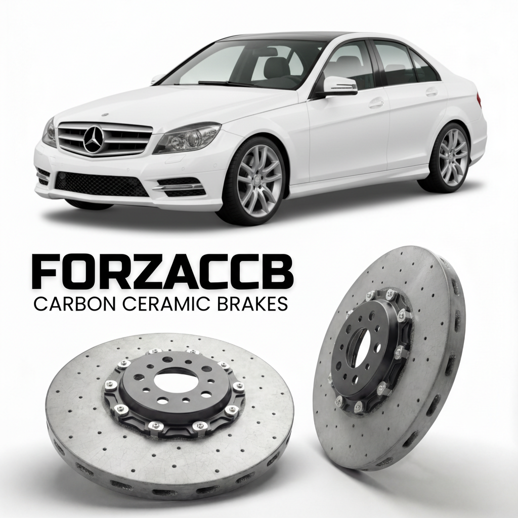 ForzaCCB direct OEM replacement carbon ceramic brake rotors for 2007 to 2014 Mercedes-Benz C-Class W204 models, shown with a white Mercedes-Benz C-Class car.