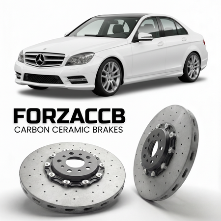 ForzaCCB direct OEM replacement carbon ceramic brake rotors for 2007 to 2014 Mercedes-Benz C-Class W204 models, shown with a white Mercedes-Benz C-Class car.