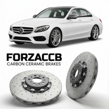 ForzaCCB direct OEM replacement carbon ceramic brake rotors for 2014 to 2021 Mercedes-Benz C-Class W205 models, shown with a white Mercedes-Benz C-Class car.