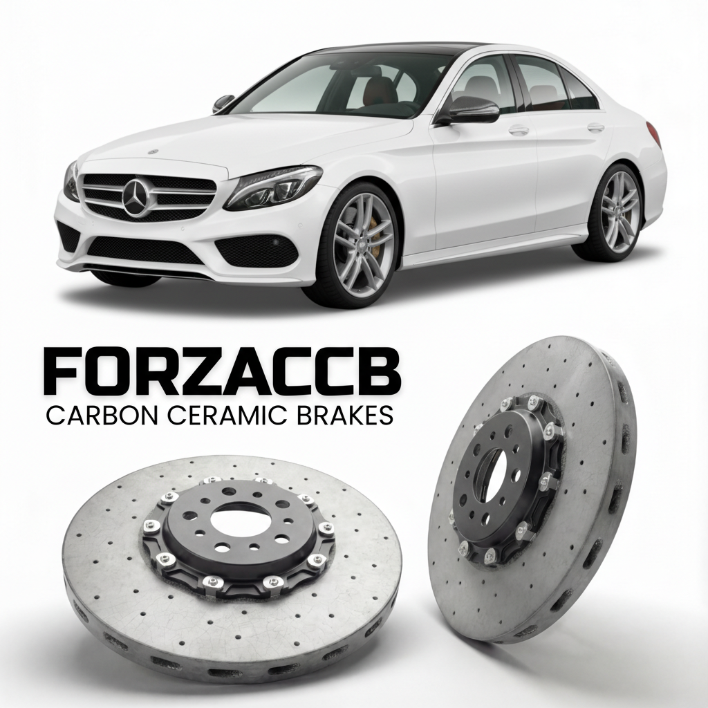 ForzaCCB direct OEM replacement carbon ceramic brake rotors for 2014 to 2021 Mercedes-Benz C-Class W205 models, shown with a white Mercedes-Benz C-Class car.