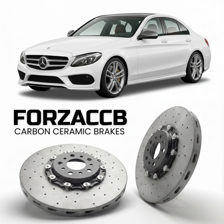 ForzaCCB direct OEM replacement carbon ceramic brake rotors for 2014 to 2021 Mercedes-Benz C-Class W205 models, shown with a white Mercedes-Benz C-Class car.