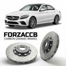 ForzaCCB direct OEM replacement carbon ceramic brake rotors for 2021- Mercedes-Benz C-Class W206 models, shown with a white Mercedes-Benz C-Class car.