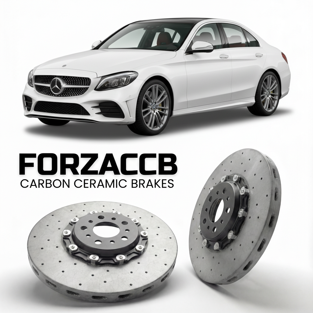 ForzaCCB direct OEM replacement carbon ceramic brake rotors for 2021- Mercedes-Benz C-Class W206 models, shown with a white Mercedes-Benz C-Class car.