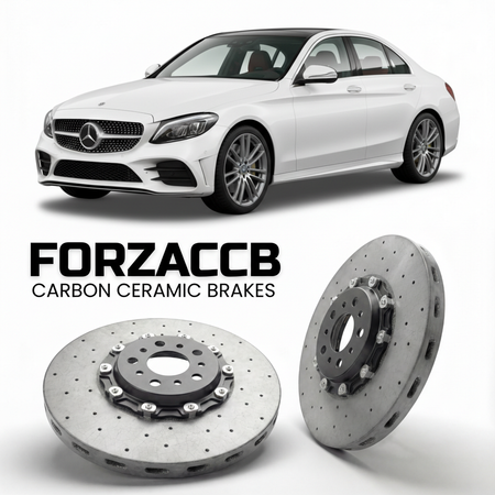 ForzaCCB direct OEM replacement carbon ceramic brake rotors for 2021- Mercedes-Benz C-Class W206 models, shown with a white Mercedes-Benz C-Class car.