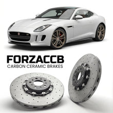 ForzaCCB direct OEM replacement carbon ceramic brake rotors for 2011 to 2011 Jaguar C-X16 models, shown with a white Jaguar C-X16 car.