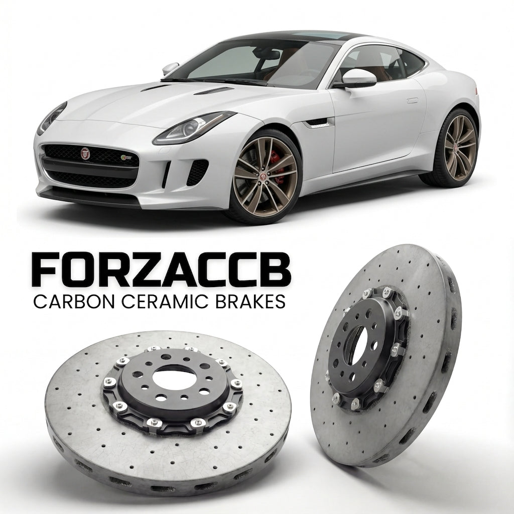 ForzaCCB direct OEM replacement carbon ceramic brake rotors for 2011 to 2011 Jaguar C-X16 models, shown with a white Jaguar C-X16 car.