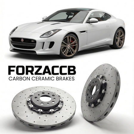 ForzaCCB direct OEM replacement carbon ceramic brake rotors for 2011 to 2011 Jaguar C-X16 models, shown with a white Jaguar C-X16 car.
