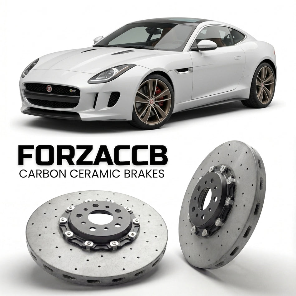 ForzaCCB direct OEM replacement carbon ceramic brake rotors for 2011 to 2011 Jaguar C-X16 models, shown with a white Jaguar C-X16 car.