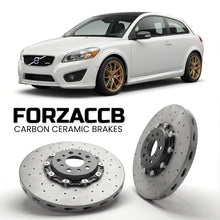 ForzaCCB direct OEM replacement carbon ceramic brake rotors for 2006 to 2010 Volvo C30 models, shown with a white Volvo C30 car.
