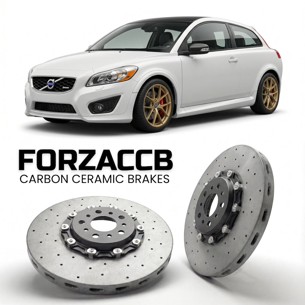 ForzaCCB direct OEM replacement carbon ceramic brake rotors for 2006 to 2010 Volvo C30 models, shown with a white Volvo C30 car.