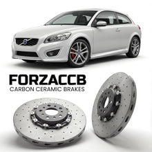 ForzaCCB direct OEM replacement carbon ceramic brake rotors for 2010 to 2013 Volvo C30 facelift 2010 models, shown with a white Volvo C30 car.