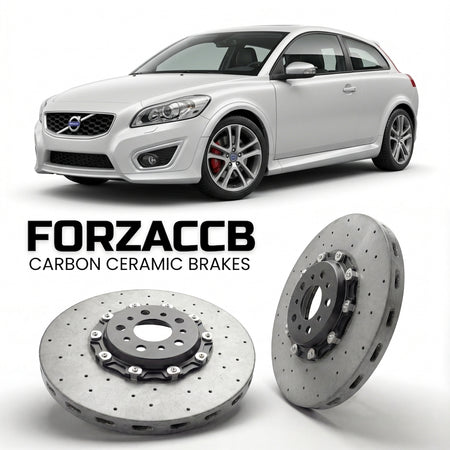 ForzaCCB direct OEM replacement carbon ceramic brake rotors for 2010 to 2013 Volvo C30 facelift 2010 models, shown with a white Volvo C30 car.