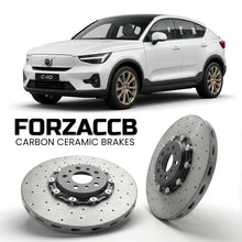 ForzaCCB direct OEM replacement carbon ceramic brake rotors for 2021 and newer Volvo C40 Recharge models, shown with a white Volvo C40 car.