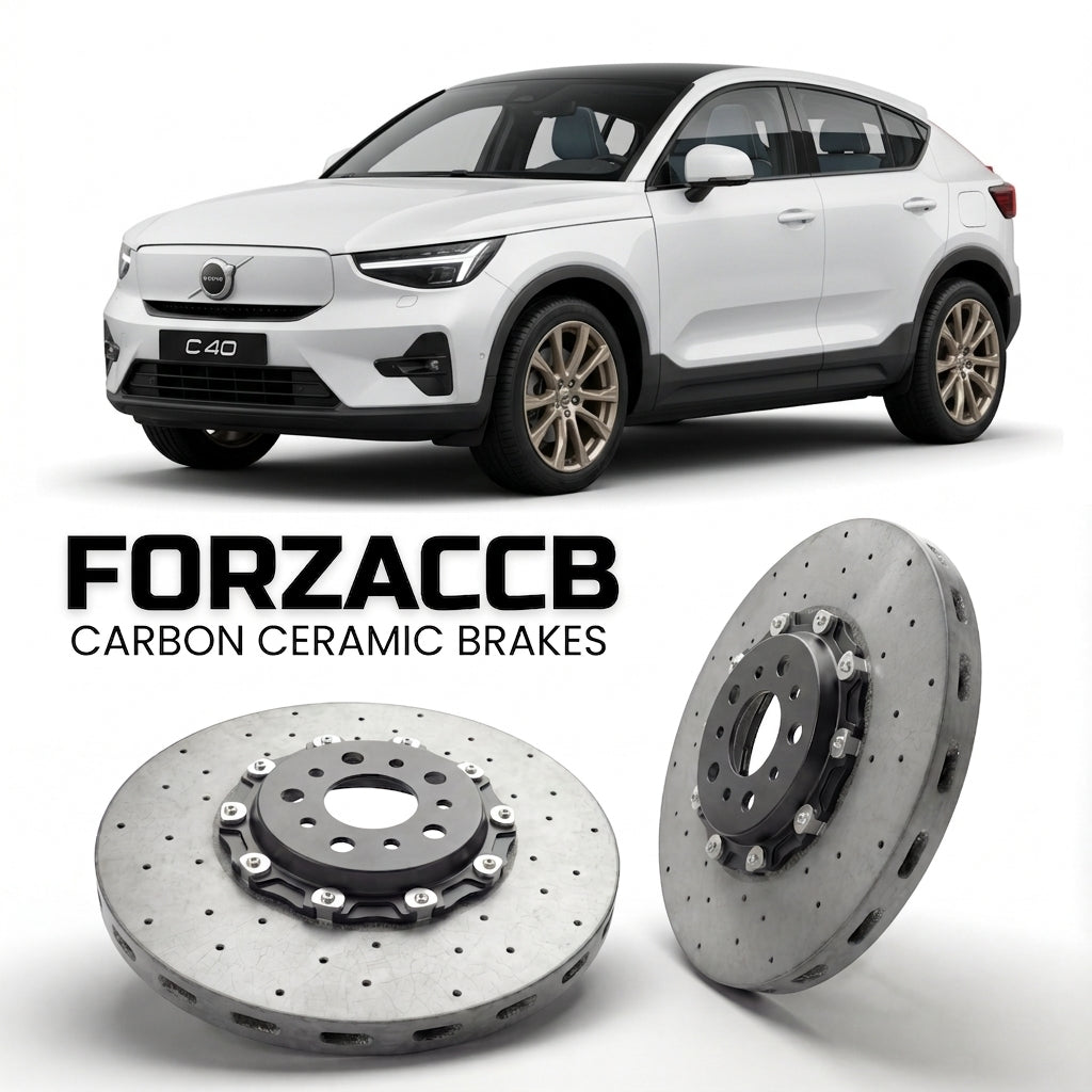 ForzaCCB direct OEM replacement carbon ceramic brake rotors for 2021 and newer Volvo C40 Recharge models, shown with a white Volvo C40 car.