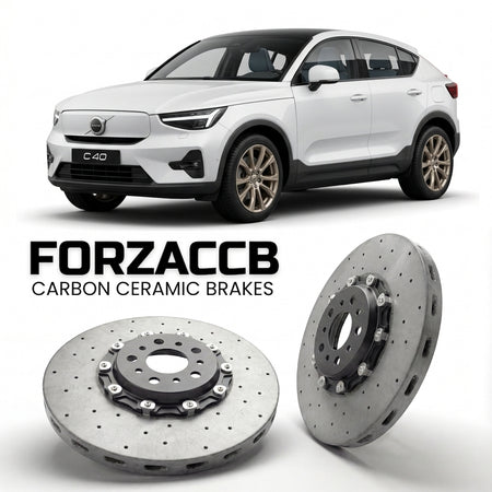 ForzaCCB direct OEM replacement carbon ceramic brake rotors for 2021 and newer Volvo C40 Recharge models, shown with a white Volvo C40 car.
