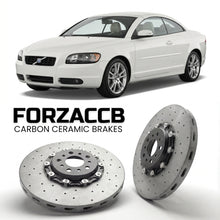 ForzaCCB direct OEM replacement carbon ceramic brake rotors for 2005 to 2005 Volvo C70 Convertible models, shown with a white Volvo C70 car.