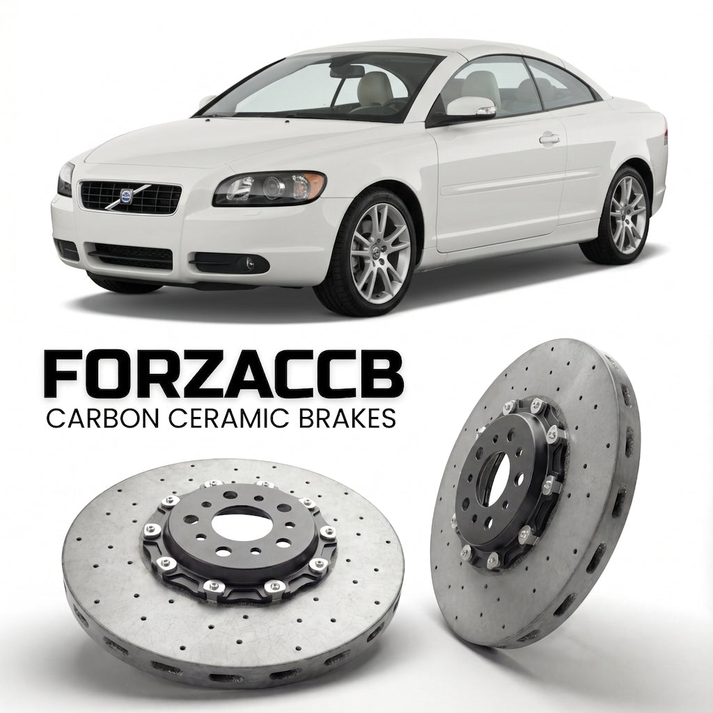 ForzaCCB direct OEM replacement carbon ceramic brake rotors for 2005 to 2005 Volvo C70 Convertible models, shown with a white Volvo C70 car.