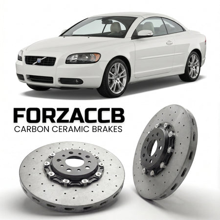 ForzaCCB direct OEM replacement carbon ceramic brake rotors for 2005 to 2005 Volvo C70 Convertible models, shown with a white Volvo C70 car.