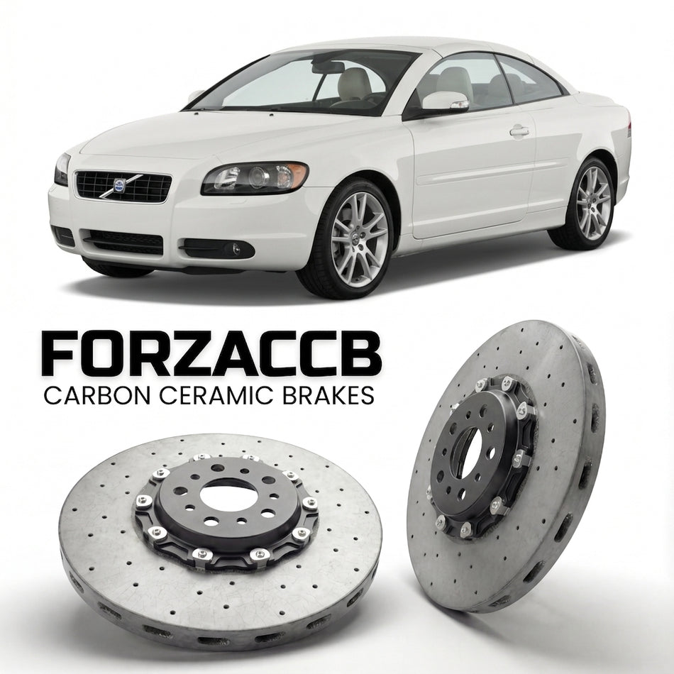 ForzaCCB direct OEM replacement carbon ceramic brake rotors for 2005 to 2005 Volvo C70 Convertible models, shown with a white Volvo C70 car.
