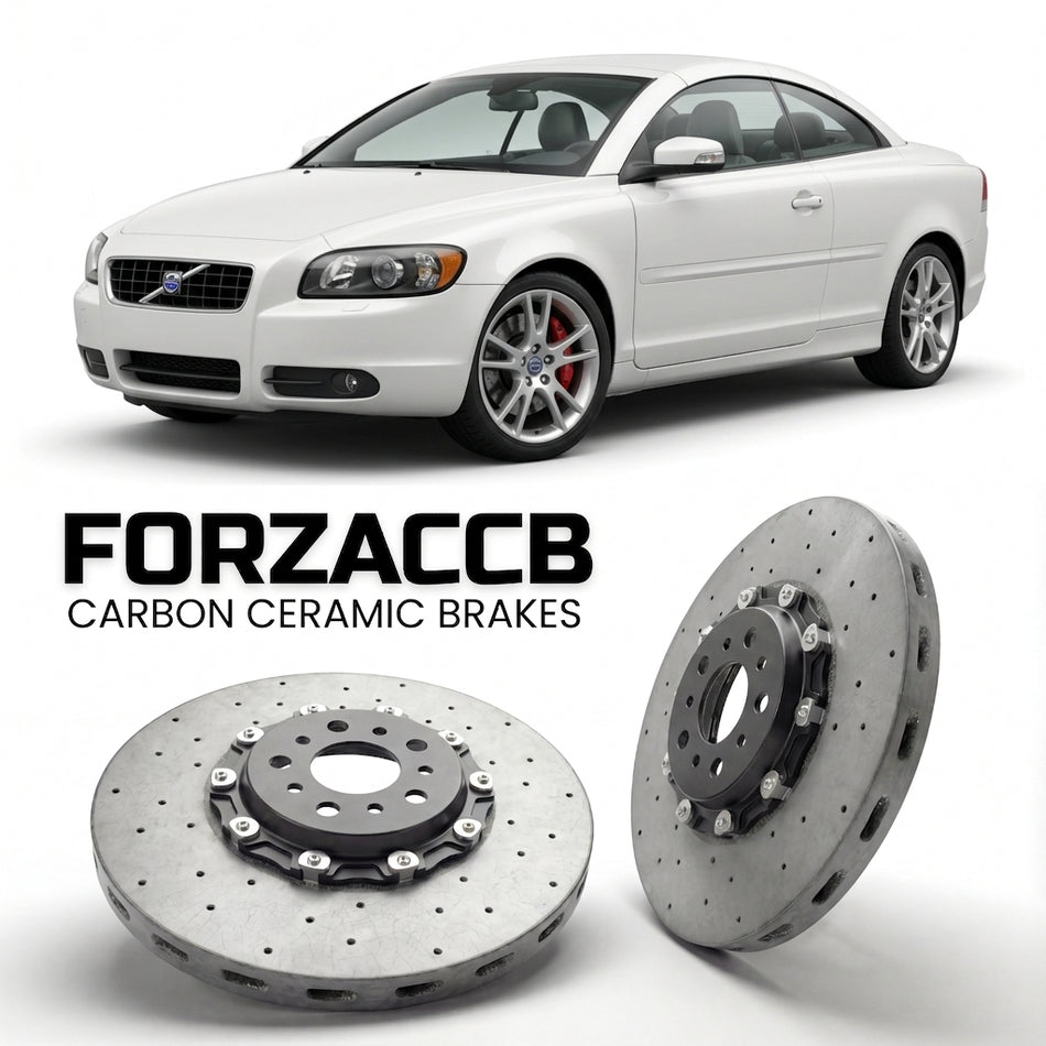 ForzaCCB direct OEM replacement carbon ceramic brake rotors for 2005 to 2009 Volvo C70 Coupe Cabrio II models, shown with a white Volvo C70 car.