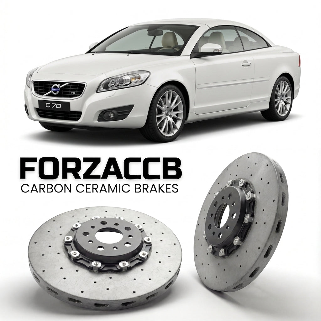 ForzaCCB direct OEM replacement carbon ceramic brake rotors for 2009-2013) Volvo C70 Coupe Cabrio II (facelift 2009 models, shown with a white Volvo C70 car.