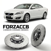 ForzaCCB direct OEM replacement carbon ceramic brake rotors for 2009-2013) Volvo C70 Coupe Cabrio II (facelift 2009 models, shown with a white Volvo C70 car.