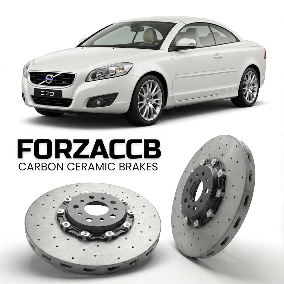 ForzaCCB direct OEM replacement carbon ceramic brake rotors for 2009-2013) Volvo C70 Coupe Cabrio II (facelift 2009 models, shown with a white Volvo C70 car.