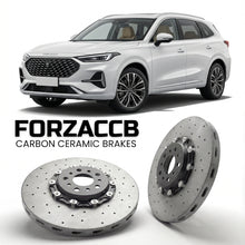 ForzaCCB direct OEM replacement carbon ceramic brake rotors for 2023 and newer Omoda C9 models, shown with a white Omoda C9 car.