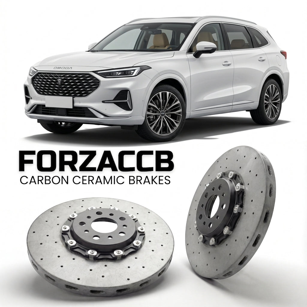 ForzaCCB direct OEM replacement carbon ceramic brake rotors for 2023 and newer Omoda C9 models, shown with a white Omoda C9 car.